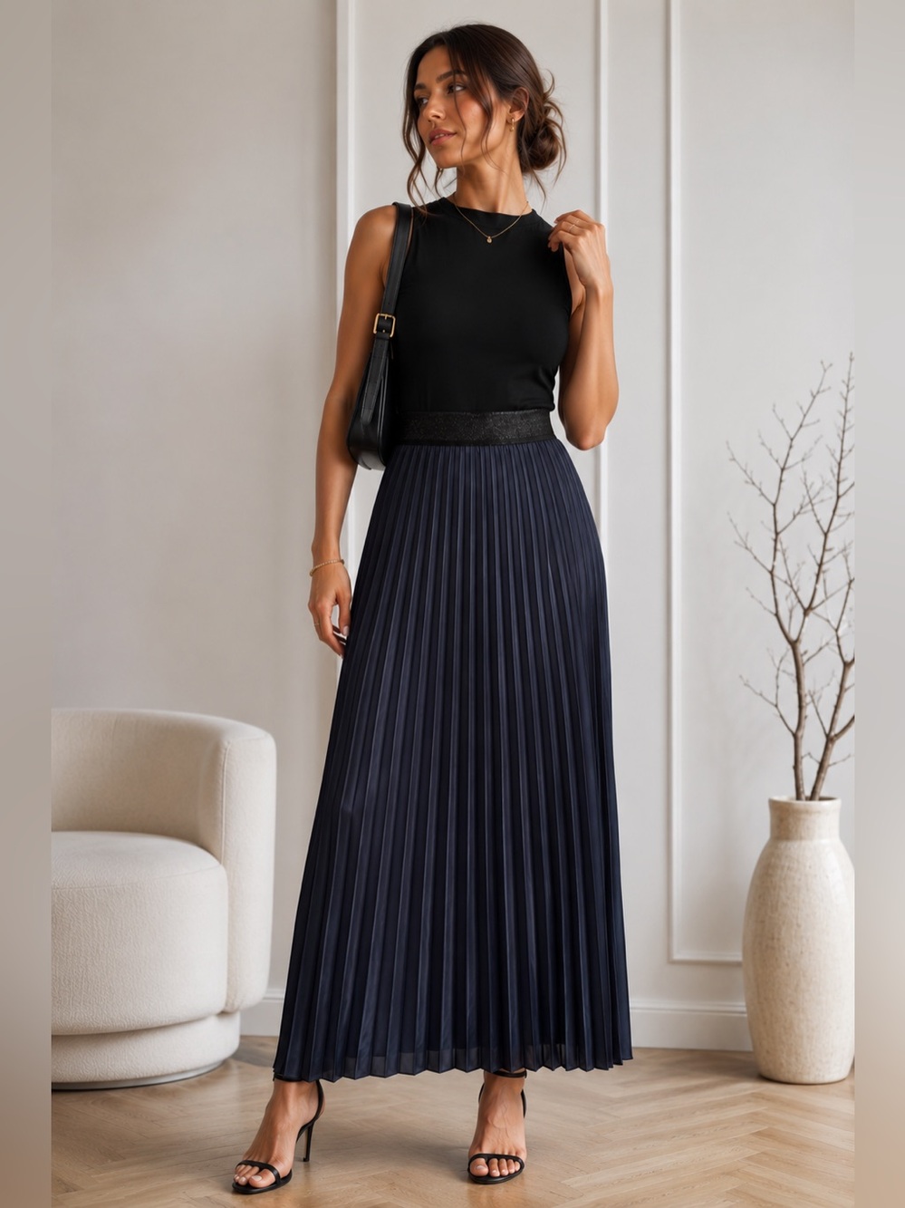 Navy Pleated Satin Maxi Skirt Quiet Luxury Minimalist